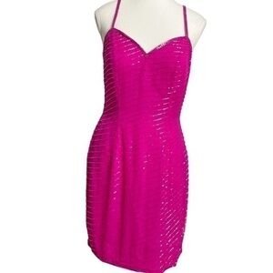 AJ Bari Vintage 80s 90s Pink Sequin Prom Cocktail Party Mini Silk Dress